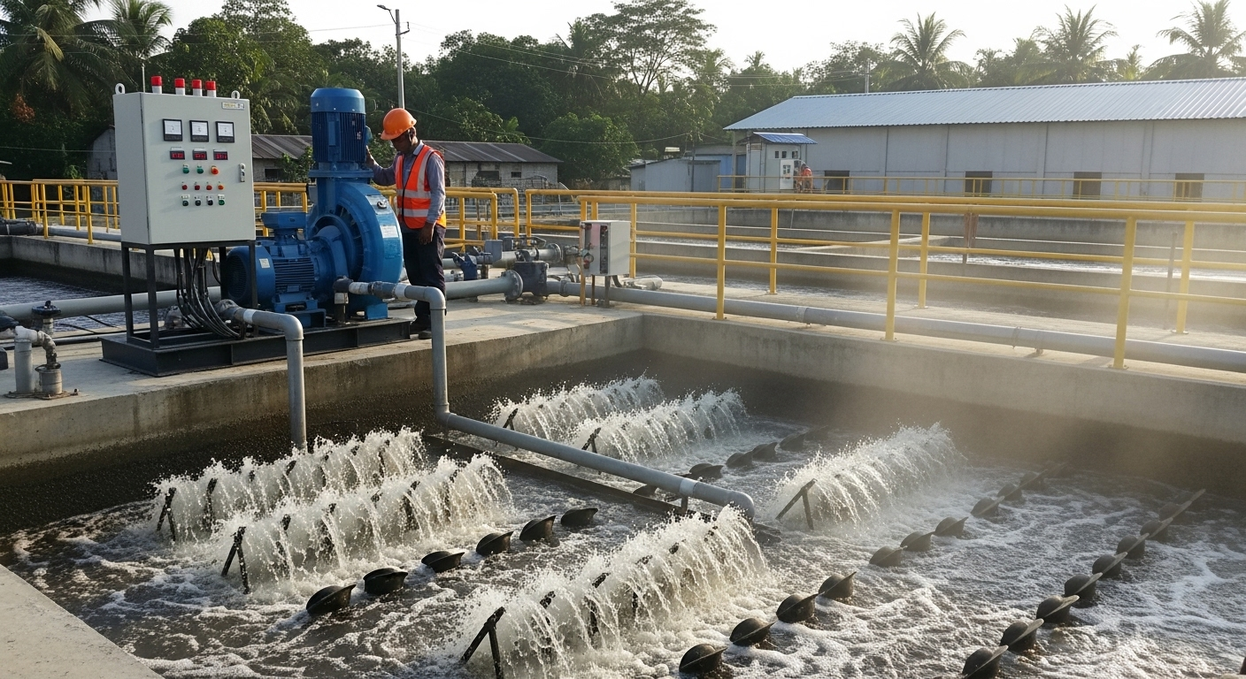 Aeration system with fine bubble diffusers improving wastewater treatment in Bangladesh.